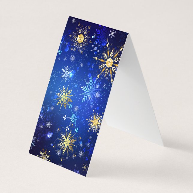 Tarjeta De Visita Fondo azul XMAS con copos de nieve dorados (Reverso)