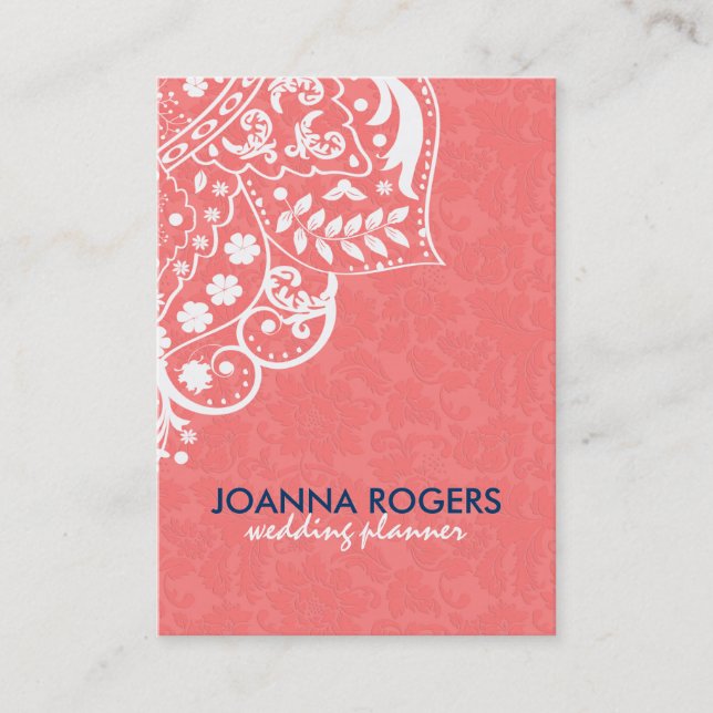 Tarjeta De Visita Fondo Coral-Rojo Y Lugar Floral Blanco (Anverso)