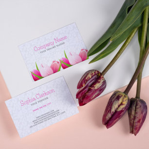 Tarjeta De Visita Fondo de damases blancos de tulipanes rosados