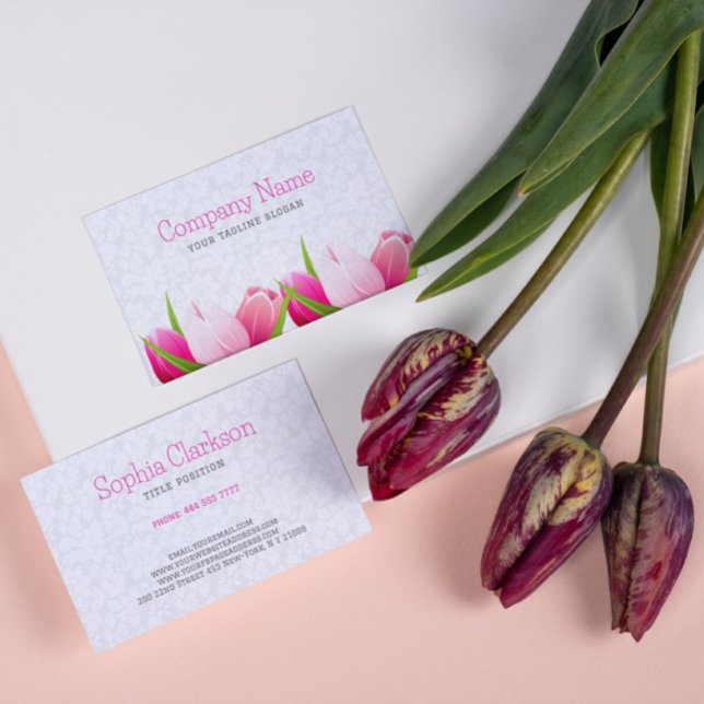 Tarjeta De Visita Fondo de damases blancos de tulipanes rosados (Subido por el creador)
