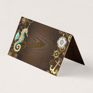 Tarjeta De Visita Fondo de madera con caballito de mar mecánico