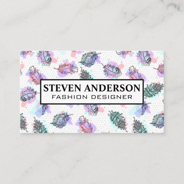Tarjeta De Visita Fondo del patrón de la pluma de Boho (Anverso)