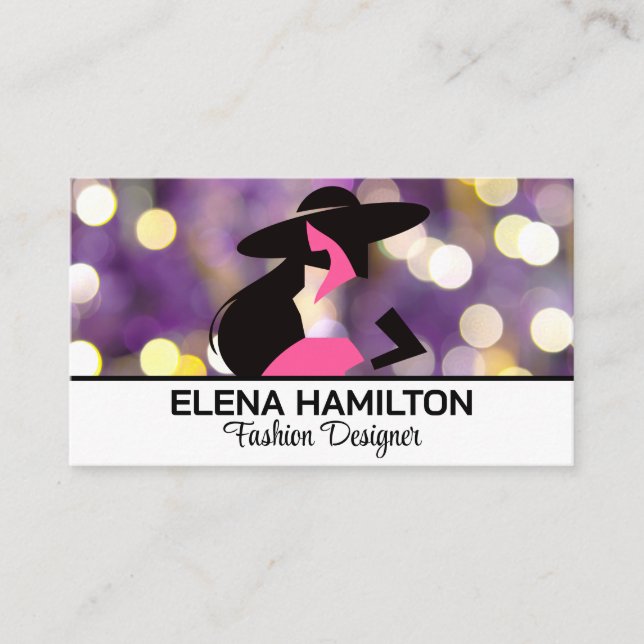 Tarjeta De Visita Fondo morado de bokeh | Logo del modelo de moda (Anverso)