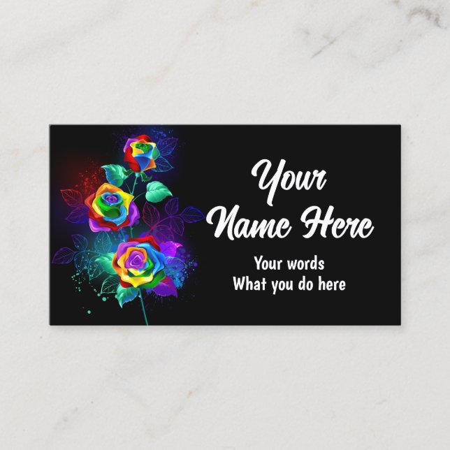 Tarjeta De Visita Fondo negro con rosas arcoiris (Anverso)