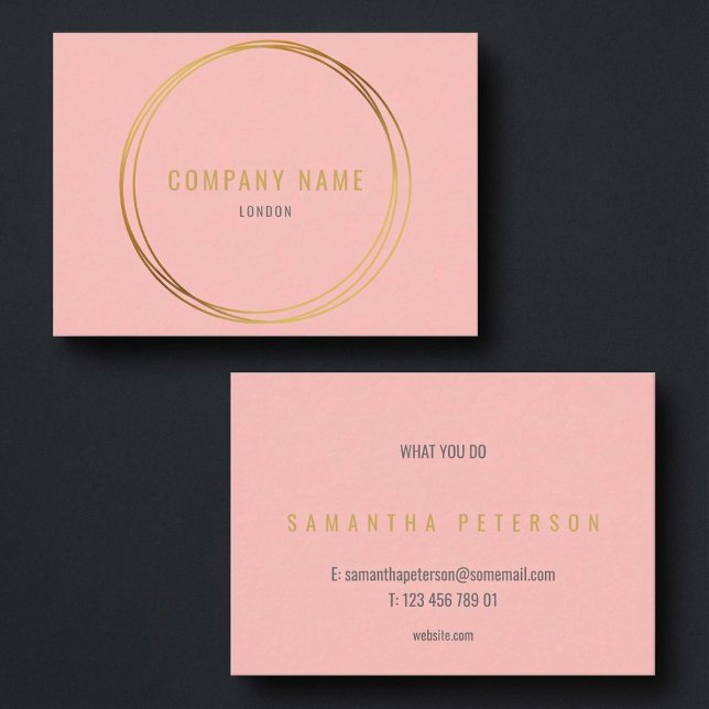 Tarjeta De Visita Fondo rosa, anillos de efecto dorado, profesional (Pink background, gold effect rings, professional business card.)