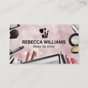 Tarjeta De Visita Fondo rosa bokeh   Cepillos de maquillaje