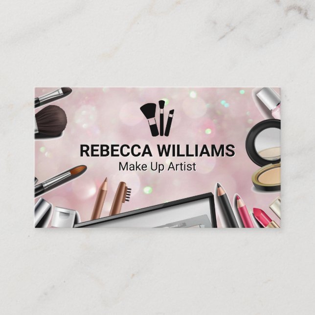 Tarjeta De Visita Fondo rosa bokeh | Cepillos de maquillaje (Anverso)