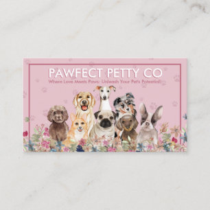 Tarjeta De Visita Fondo Rosa Huella de Garra Acuarela Perros Flores