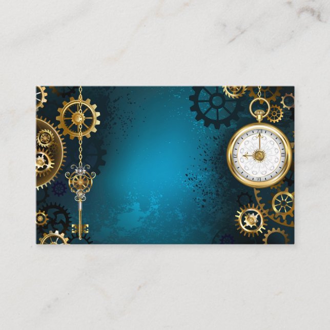 Tarjeta De Visita Fondo turquesa Steampunk con engranajes (Anverso)