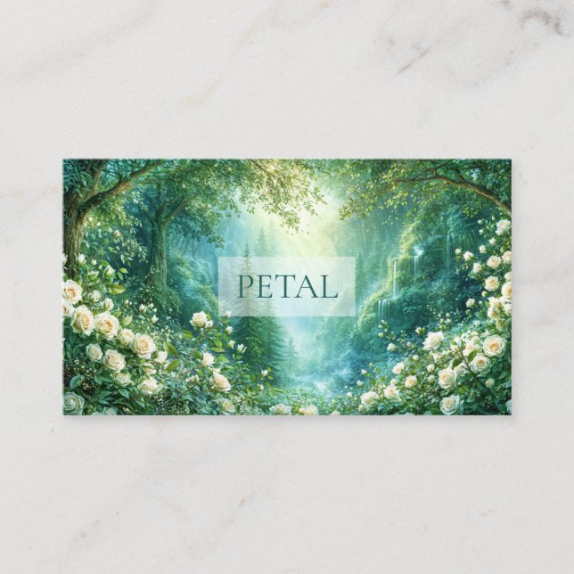 Tarjeta De Visita Forest Landscape Waterfall White Rose Floral (Anverso)