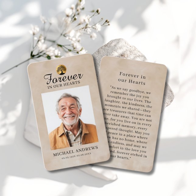 Tarjeta De Visita "Forever in our Hearts" Tree of Life Photo Prayer  ("Forever in our Hearts" Tree of -Life Photo Prayer Beige Custom Card)