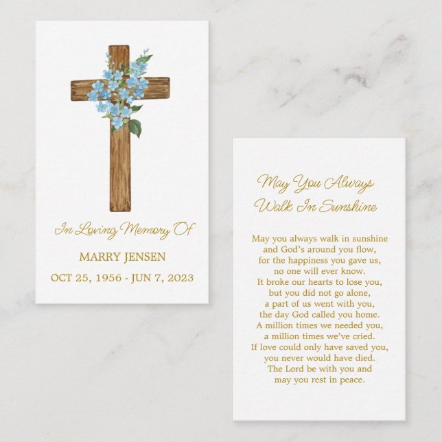 Tarjeta De Visita Forget me not Cross Memorial Funeral Prayer Card (Anverso / Reverso)