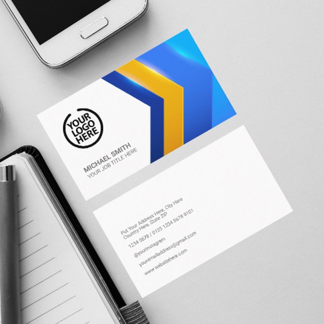 Tarjeta De Visita Forma Geométrica Amarilla Azul Moderna Profesional (Front and Back)