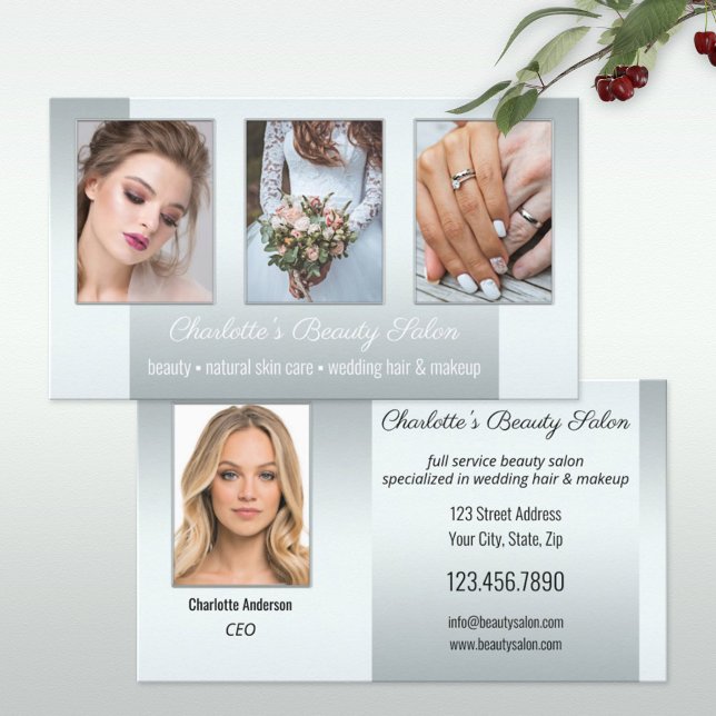 Tarjeta De Visita Foto Cartera Salón de belleza Plata profesional (Subido por el creador)