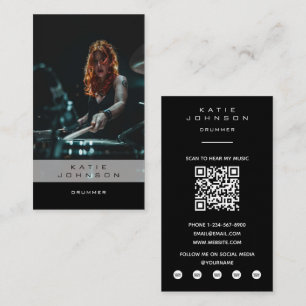 Tarjeta De Visita Foto Código QR Lecciones de Música Músico Baterist