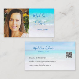 Tarjeta De Visita Foto Código QR Ocean Beach Travel Blue