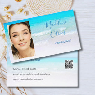 Tarjeta De Visita Foto Código QR Ocean Beach Travel Blue