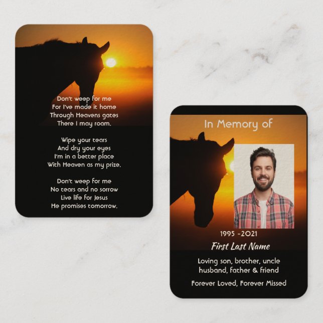 Tarjeta De Visita Foto conmemorativa cristiana plegaria caballo silh (Anverso / Reverso)