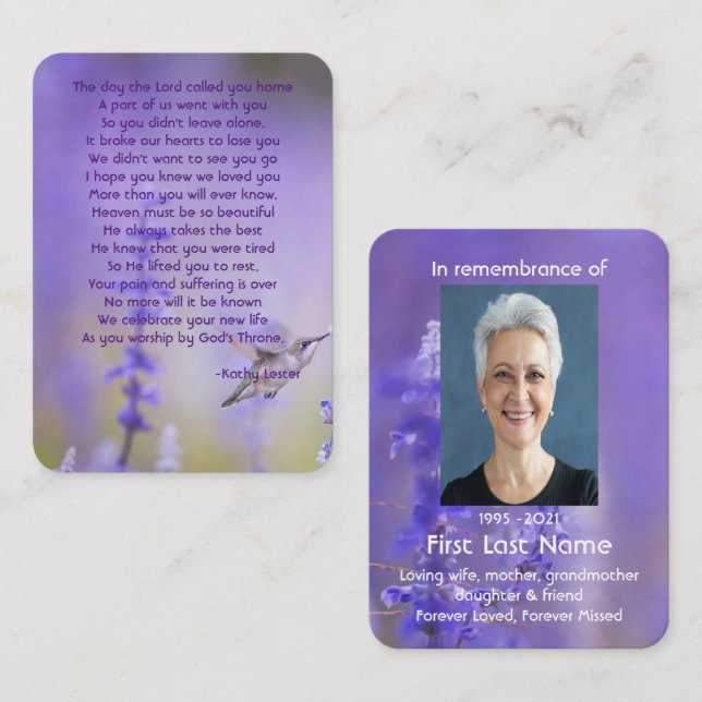 Tarjeta De Visita Foto conmemorativa Oración Lavender Hummingbird Ja (Anverso / Reverso)