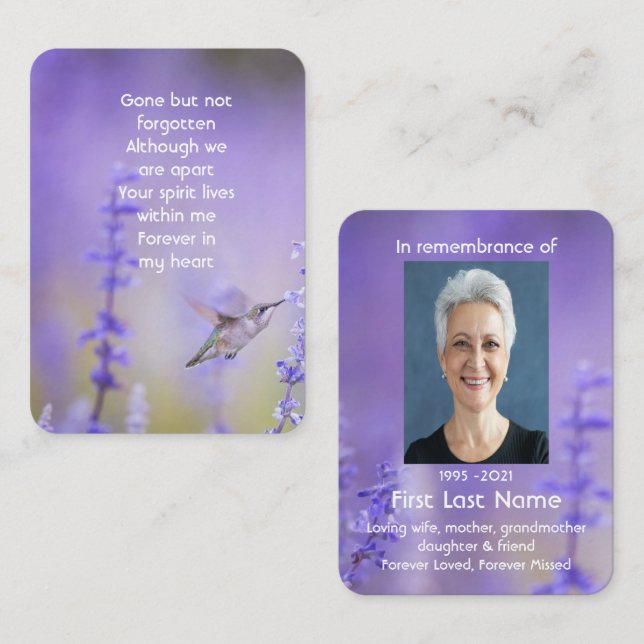 Tarjeta De Visita Foto conmemorativa Oración Lavender Hummingbird Ja (Anverso / Reverso)