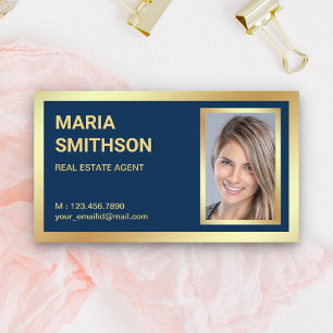 Tarjeta De Visita Foto de Agente Inmobiliario con Hoja de Oro Azul M