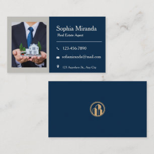 Tarjeta De Visita Foto de Agente Inmobiliario Profesional Azul Marin