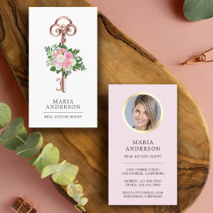 Tarjeta De Visita Foto de Agente Inmobiliario Vintage con Flores Ros