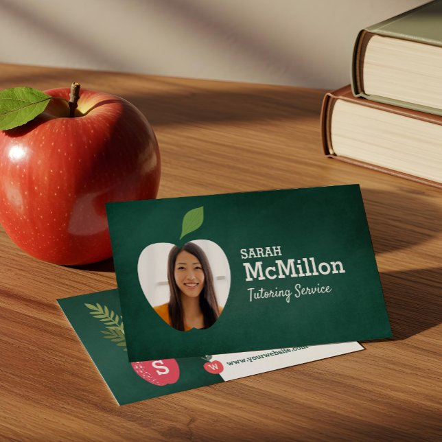 Tarjeta De Visita Foto de Apple de tablero verde de tutoría para pro (Teacher Tutoring Green Chalkboard Apple Photo Business Card)