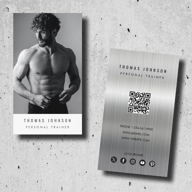 Tarjeta De Visita Foto de aptitud para el entrenamiento personal Met (Brushed Metal Personal Trainer Fitness Photo Business Card)