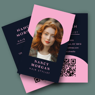 Tarjeta De Visita Foto de arco hairstylist código QR color rosa y ma