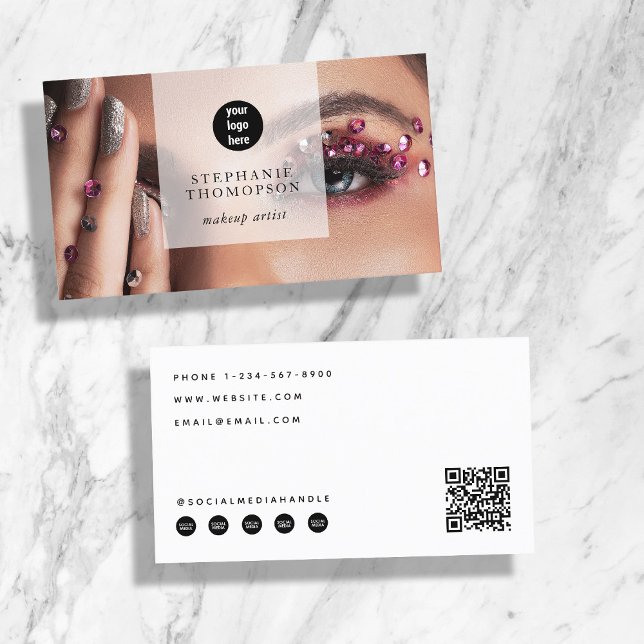 Tarjeta De Visita Foto de artista de maquillaje Foto de medios socia (Makeup Artist Nail Photo Social Media QR Code Logo Business Card)