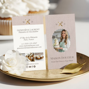 Tarjeta De Visita Foto de batidor de oro de lino rosa elegante chic