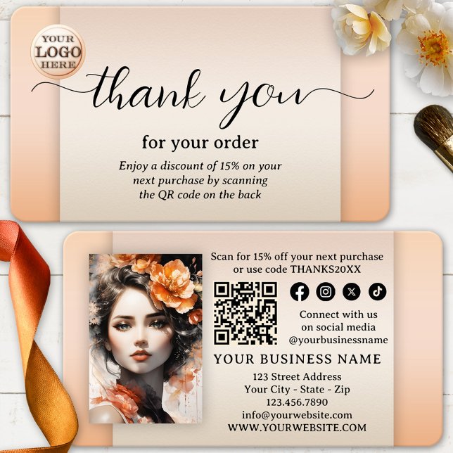 Tarjeta De Visita Foto De Boho Moda Gracias Por Tu Pedido (Thank you for your order business card in chic peach - logo - QR code - social media - photo)
