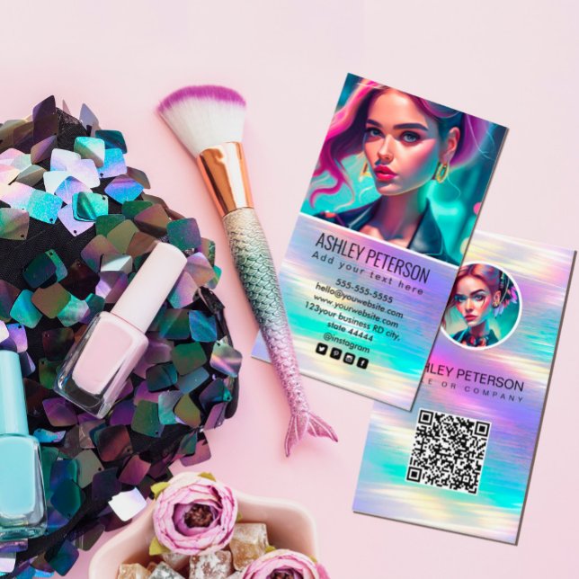 Tarjeta De Visita Foto de código de arcoiris holográfico QR | Medios ( A simple and professional way to introduce your business.  A perfect for makeup artist,illustrator,)
