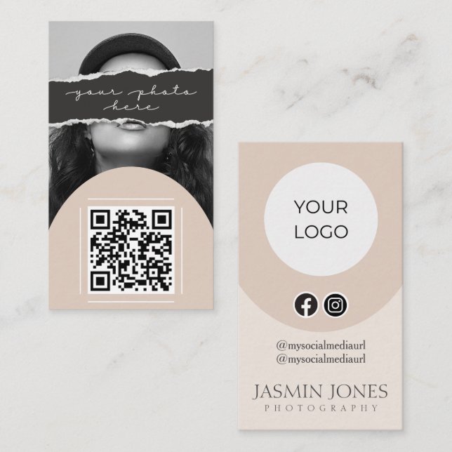 Tarjeta De Visita Foto de código QR beige moderno (Anverso / Reverso)