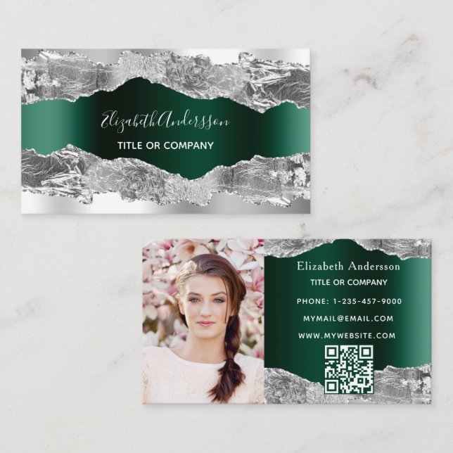 Tarjeta De Visita Foto de código QR de mármol verde esmeralda platea (Anverso / Reverso)