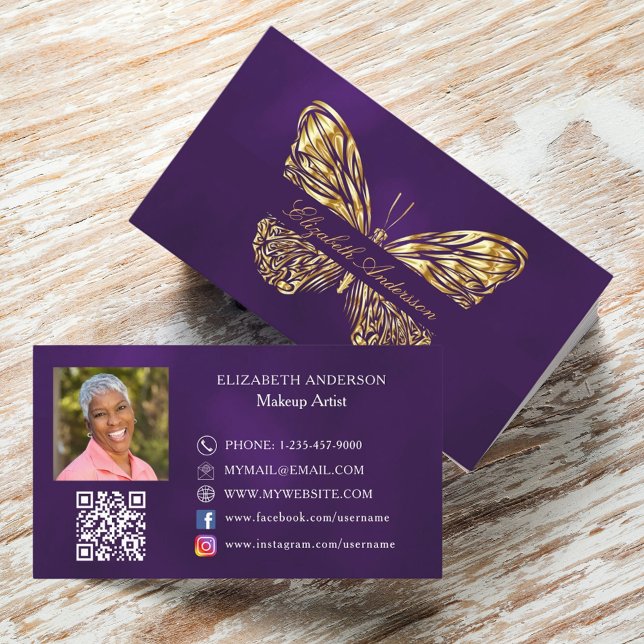 Tarjeta De Visita Foto de código QR de oro morado de mariposa (Subido por el creador)
