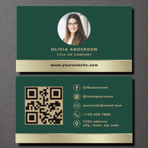 Tarjeta De Visita Foto de código QR del logotipo dorado y verde bosq