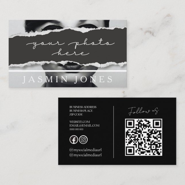 Tarjeta De Visita Foto de código QR negro moderno (Anverso / Reverso)