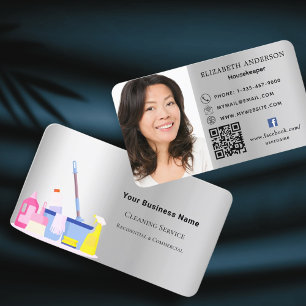 Tarjeta De Visita Foto de código QR plateado del servicio de limpiez