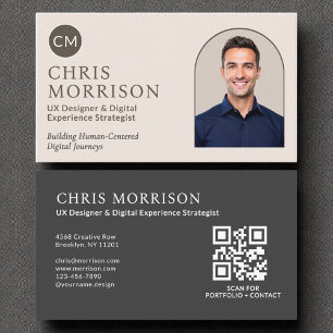 Tarjeta De Visita Foto de código QR profesional de monograma neutro