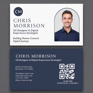 Tarjeta De Visita Foto de código QR profesional simple de Navy Blue