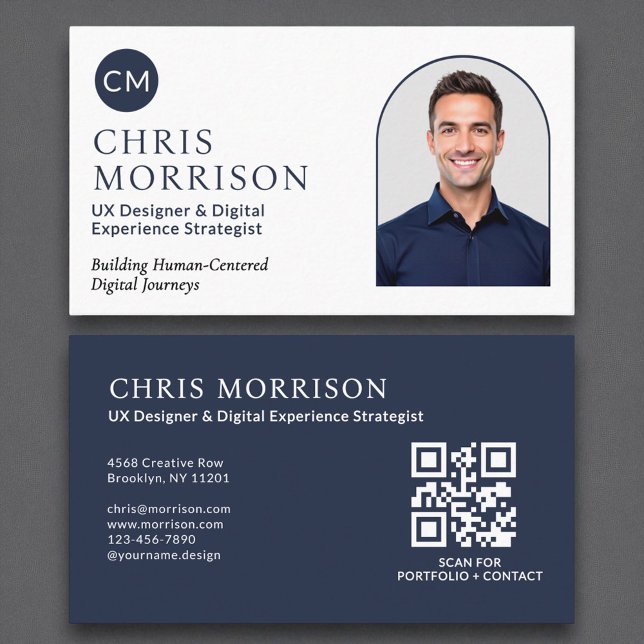 Tarjeta De Visita Foto de código QR profesional simple de Navy Blue (Subido por el creador)