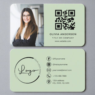 Tarjeta De Visita Foto de código QR verde salvia