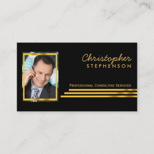 Tarjeta De Visita Foto de consultoría profesional con rayas de oro n