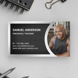 Tarjeta De Visita Foto de Entrenador Personal de Fitness Plateado co