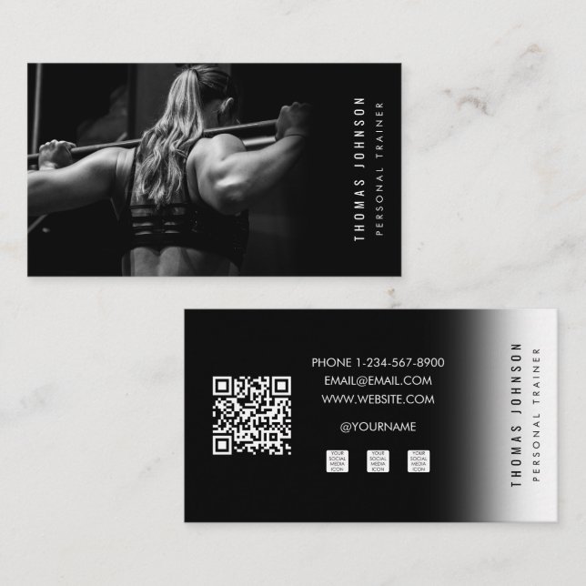 Tarjeta De Visita Foto de gimnasio del entrenador personal blanco ne (Anverso / Reverso)