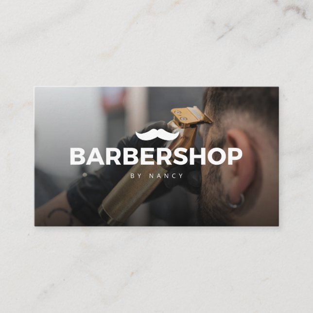 Tarjeta De Visita Foto De Hair Clipper Con Mustache Logo Barbershop (Anverso)