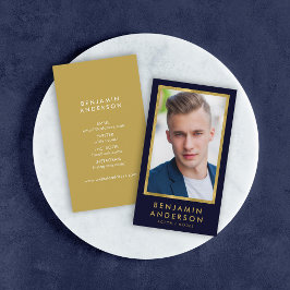 Tarjeta De Visita Foto de la cabeza de Classy Blue Faux Gold
