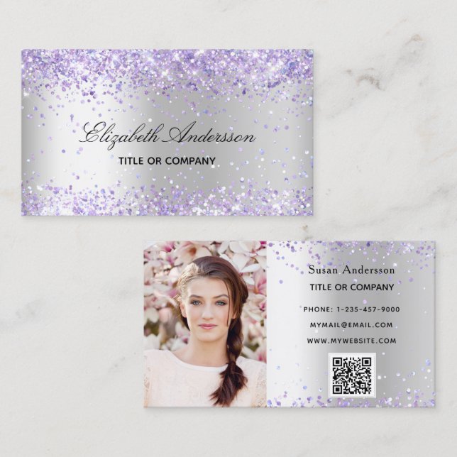 Tarjeta De Visita Foto de lavanda plateada Código QR (Anverso / Reverso)